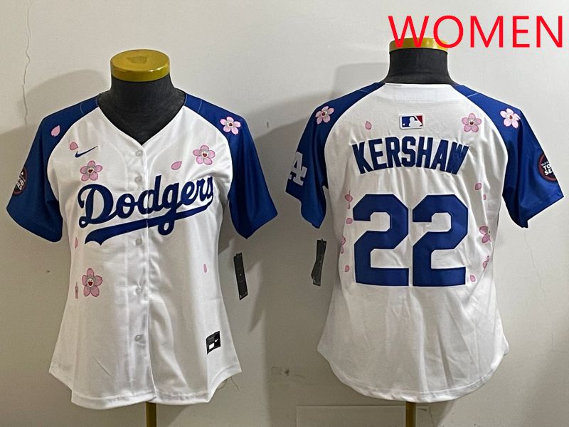 Women Los Angeles Dodgers 22 Kershaw White Blue Sakura Edition 2025 Nike MLB Jersey style 1